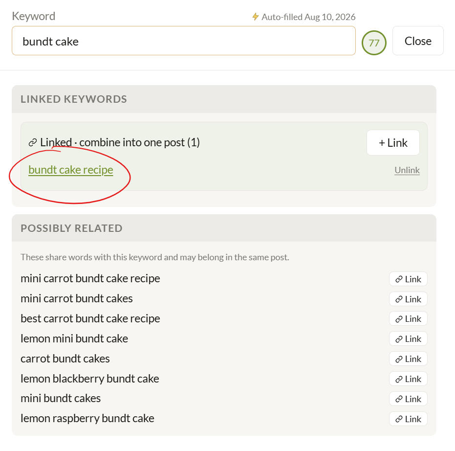 Screenshot of Ripe Planner's keyword cluster suggestions for food blog authority