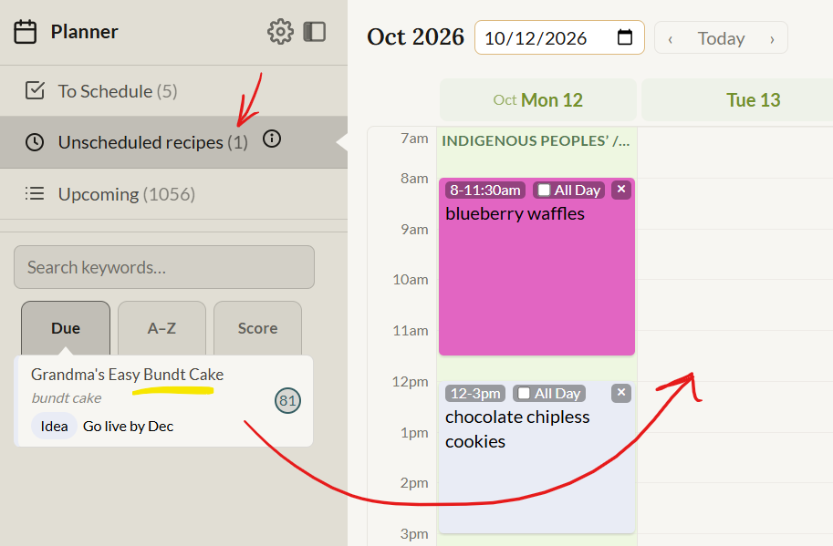 Screenshot of RIpe Planner's unscheduled keyword recipes