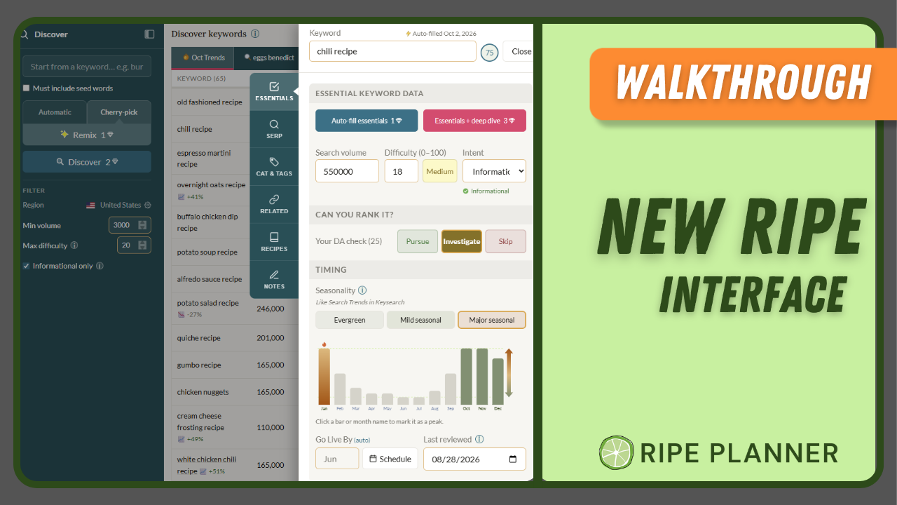 Ripe Planner keyword research and planning tool for food bloggers new interface